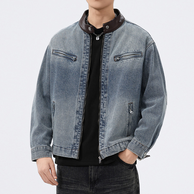 Leather Work Jacket - Jaket Denim Kerah Kulit Pria Fashion