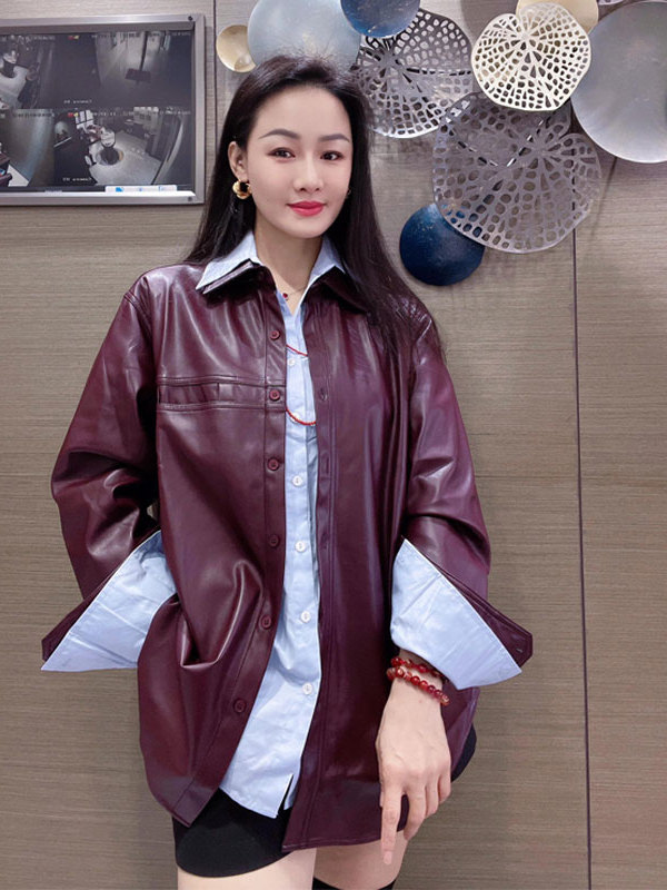 Leather Work Jacket - Jaket Kulit PU Warna Ungu Anggur