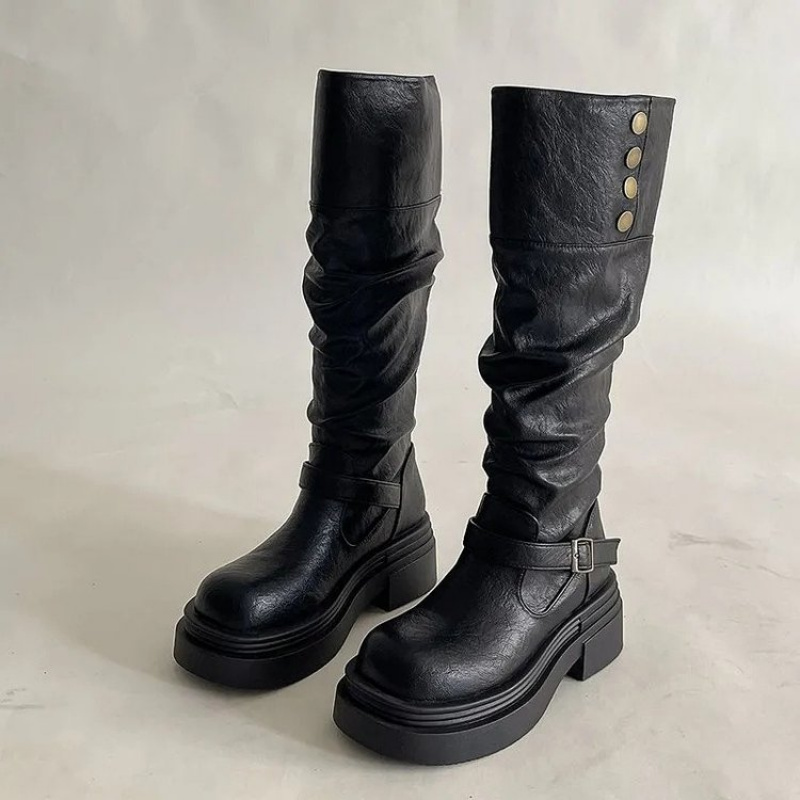 Leatherwork Rivets - Sepatu Bot Punk Setinggi Lutut Wanita