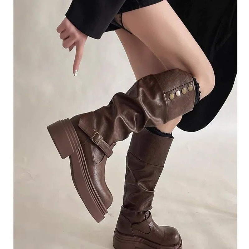 Sepatu Bot Punk Setinggi Lutut - Leatherwork Rivets ulasan dan harga