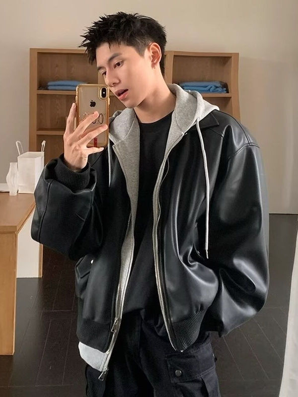 Jaket Kulit PU Pria Berkerudun - Leather Work Jacket ulasan dan harga