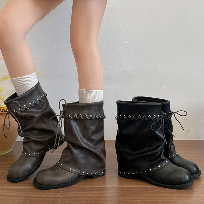 Sepatu Bot Wanita Model Longga - Leatherwork Rivets ulasan dan harga